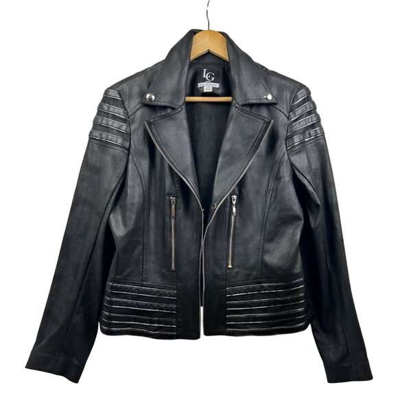 Lena Gabrielle Moto Jacket Womens 14P Blk Faux Leather Shimmer Trim Grunge Glam - Picture 1 of 11